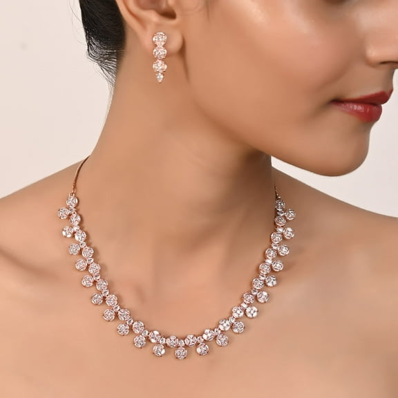 RATNAVALI JEWELS CZ Cubic Zirconia White Rose Gold Plated Gorgeous Wedding Indian Bollywood light Necklace set with Dangle Earrings Jewelry Set For Women