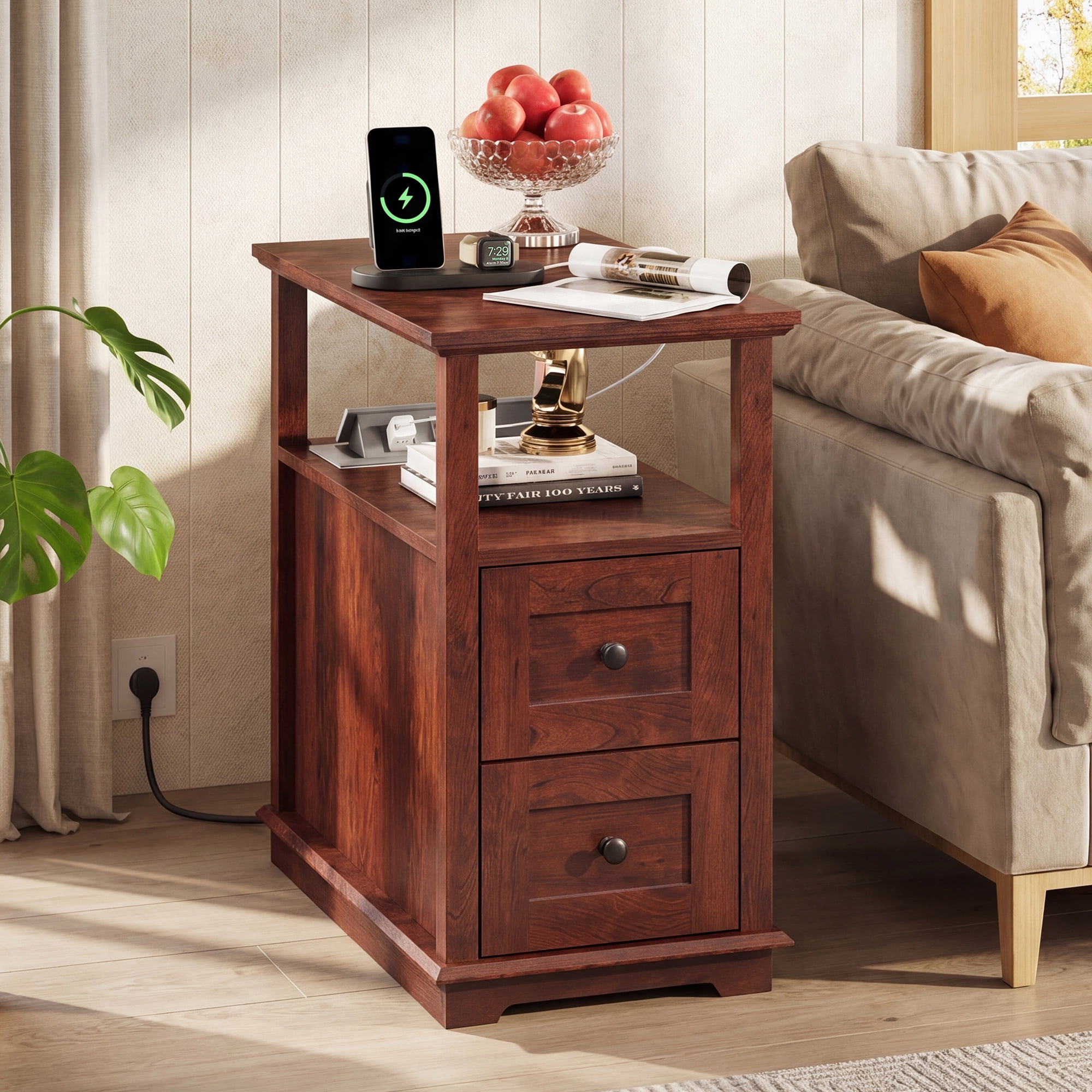 GALAXHERO Narrow End Table with Charging Station Wooden Side Table with 2 Drawers for Living Room, Bedroom, Small Space, Antique Cherry
