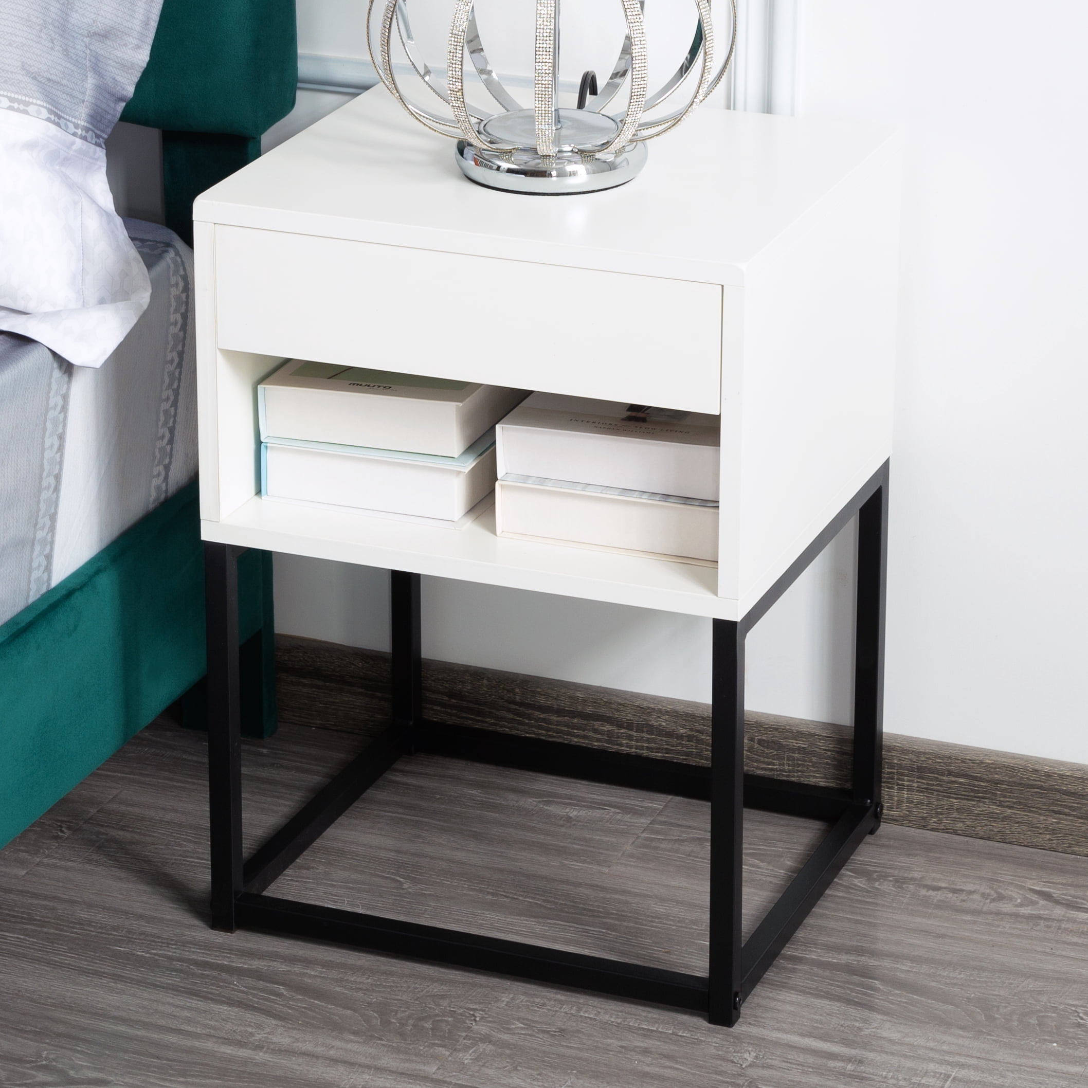 Gewnee 15.91”Nightstand with Drawer and Shelf,MDF & Metal Legs,Small Side Table for Bedroom,Living Room,Home Office,Easy Assembly.White
