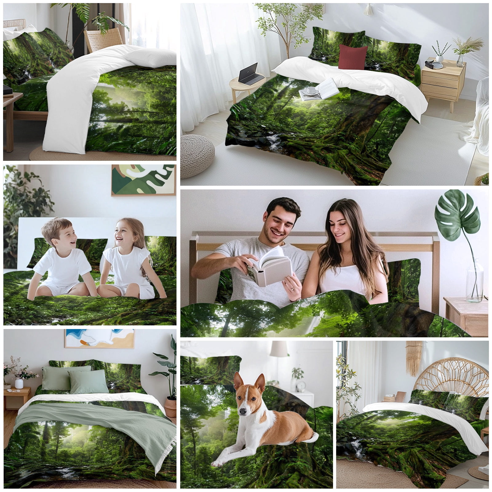 Forest Queen Duvet Cover Set, Landscapes Tree Streams 4 Piece Microfiber Bedding Set with Zipper Closure, Bed Sheet and 2 Pillow Shams, Soft Bedding Cover