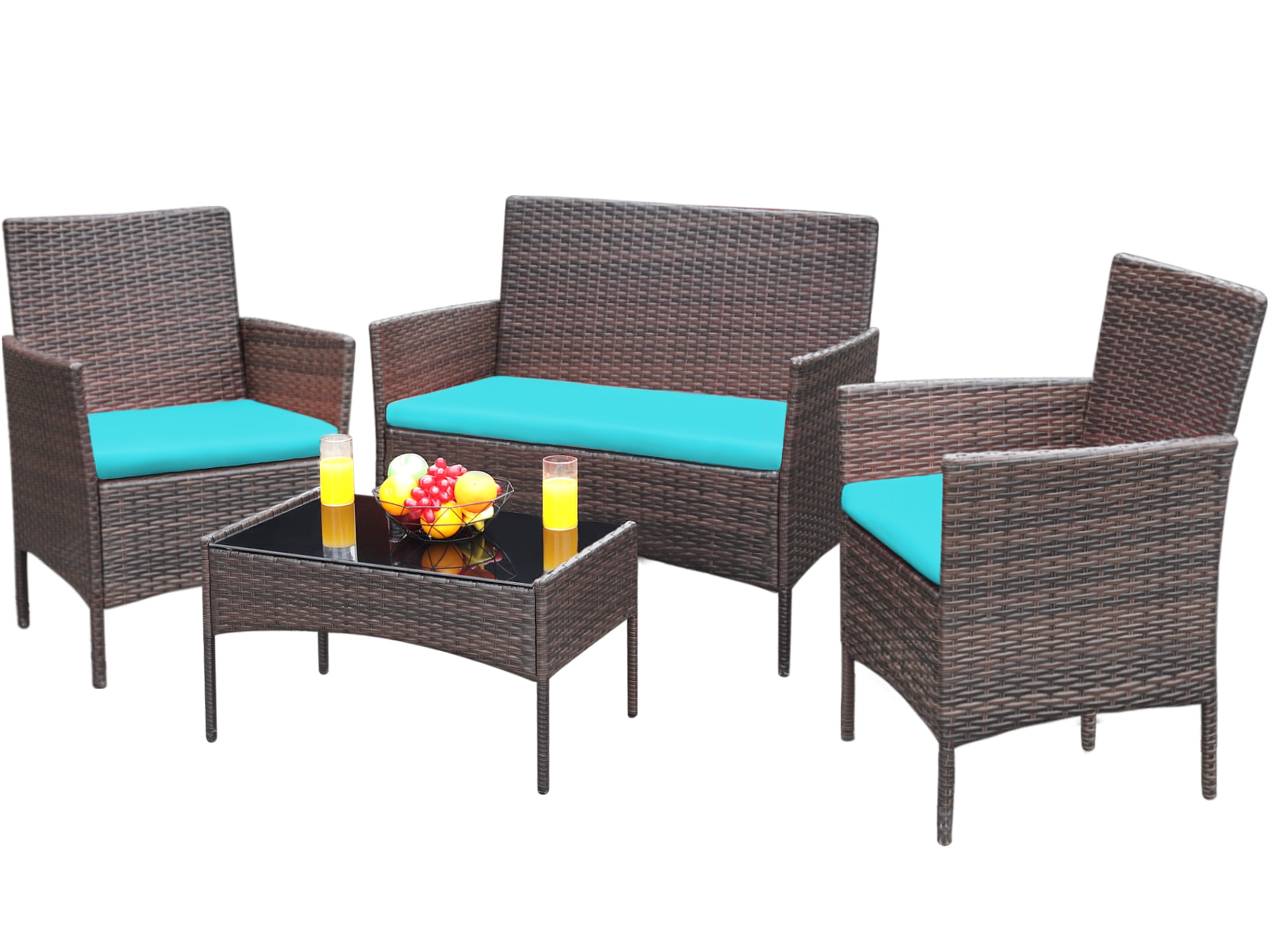 Devoko 4 Pieces Outdoor Patio Conversation Set PE Rattan Wicker Furniture Set Includes Armchairs Loveseat and Table, Brown/Blue