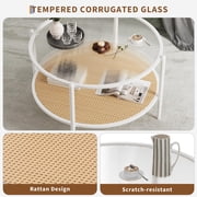 Studyset 30 Rattan Coffee Table,Round Water-Wave Glass Metal Center Table,2-Tier Round End Table with Storage,Modern Coffee Table,Farmhouse Circular Coffee Tables for Small Space,Living Room,Office