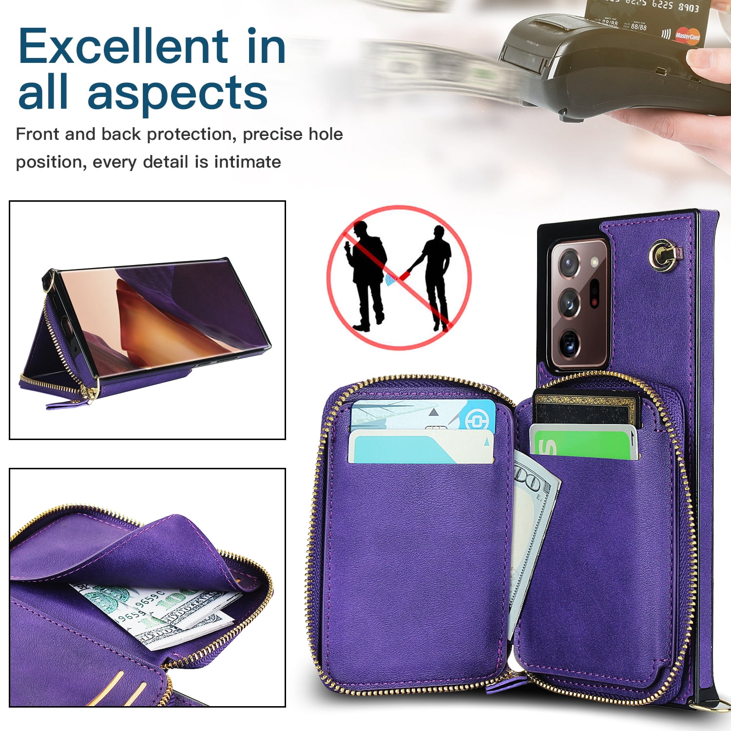 TECH CIRCLE For Galaxy Note 10+ Wallet Case,Card Holder Phone Case for Women, Zipper PU Leather Purse Kickstand Folio Flip Case with Crossbody Strap for Samsung Galaxy Note 10 Plus 5G 6.8” 2019,Purple