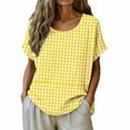 thumbnail image 2 of MORESEC Women Cotton Linen Plus Size Short Sleeve Plaid Tunic Tops Round Neck Casual Loose Tee Shirts Summer Vacation Beach Clothes, Yellow L, 2 of 6