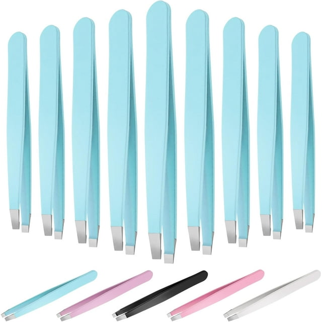 Keadic 12Pcs Slanted Eyebrow Tweezers Bulk Set, Stainless Steel Eyebrow Precision Tweezers for Men and Women, Eyebrows Facial Hair, Splinter, Ingrown Hair, and Lash Extension (Blue)