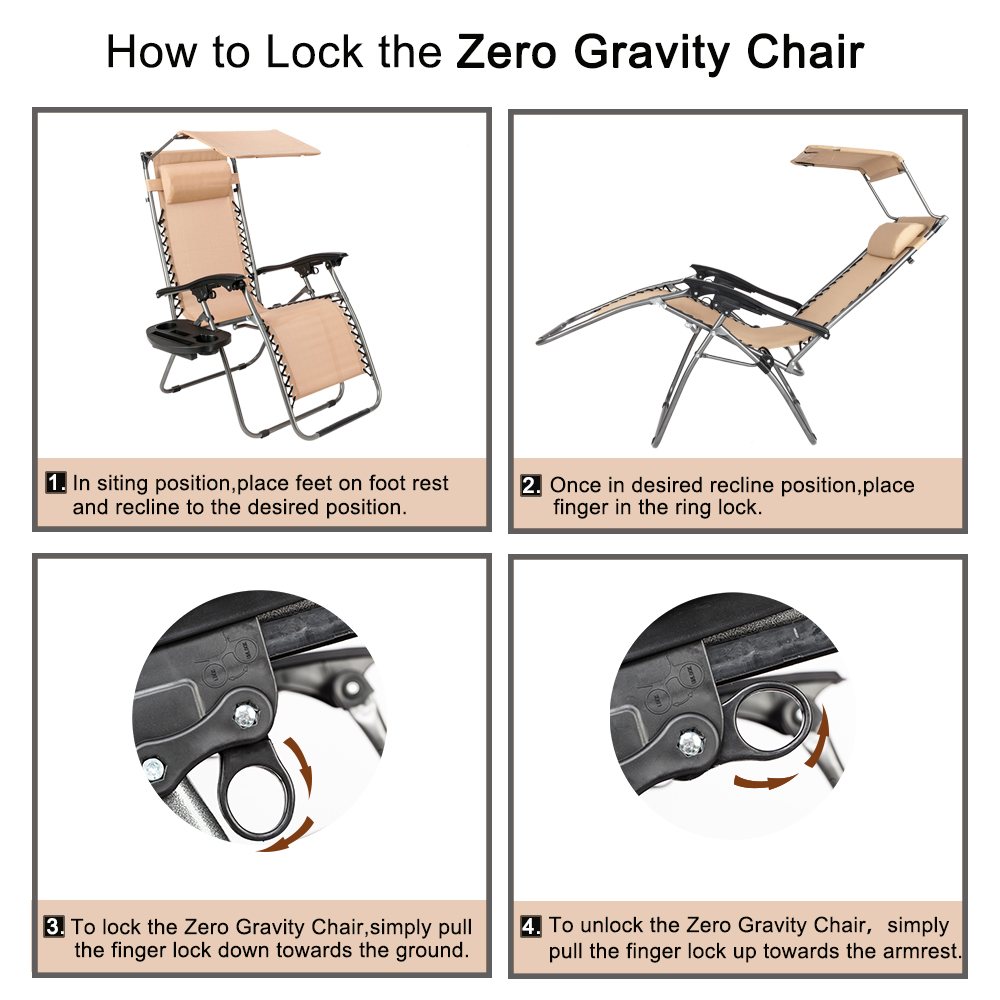 Veryke Zero Gravity Chair, Lounge Chair, Lawn & Patio Chair, Portable Folding Chairs for Sun Bath, Folding Beach Chair with Awning Leisure, Khaki - image 2 of 7
