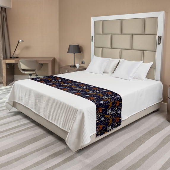 Lemur Bed Runner, Exotic Tiger Leopard Madagascar Monkey Chains Abstract Repeating Pattern, Decorative Accent Bedding Scarf for Hotels Homes and Guestrooms, Queen, Apricot Dark Navy Blue, by Ambesonne