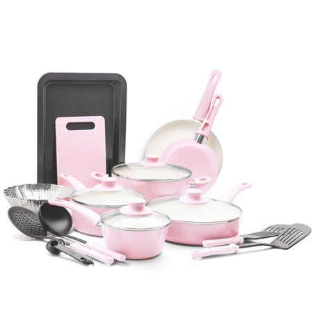 GreenLife 18-Piece Ceramic Nonstick Cookware Set, Dishwasher Safe, Soft Grip Handles, Pink