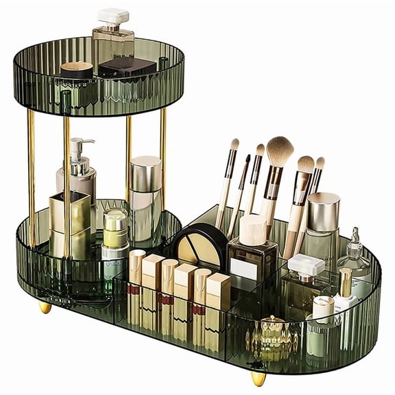 Rotating Makeup Organizer for Vanity, 2 Tier Perfume Cosmetic Skincare Organizers with Makeup Brush Holder Green