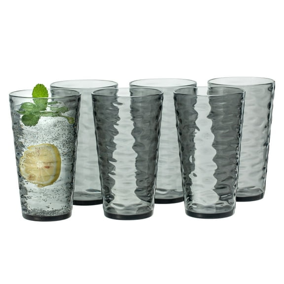 MIYOPESI 20oz Gray Acrylic Glasses Drinkware (Set of 6), Water-Ripple BPA-Free Shatter-Proof Plastic Tumblers