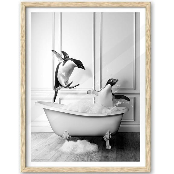 Aaheei Natural Wall Art,Funny Bathroom Wall Art Decor, Penguin Bathing Animals Canvas Prints, Black and White Wall Decor Pictures For Bedroom Living Room Set of 1
