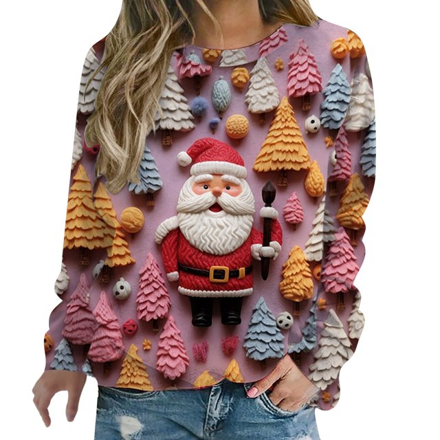 2025 Chandails de Noël pour Femmes Décontractés à Manches Longues Mignon Imprimé Graphique Veste Bohème Chandail à Manches Longues Col Rond Chandails à Capuche Décontractés pour Femmes Chandail à Enfiler Hauts