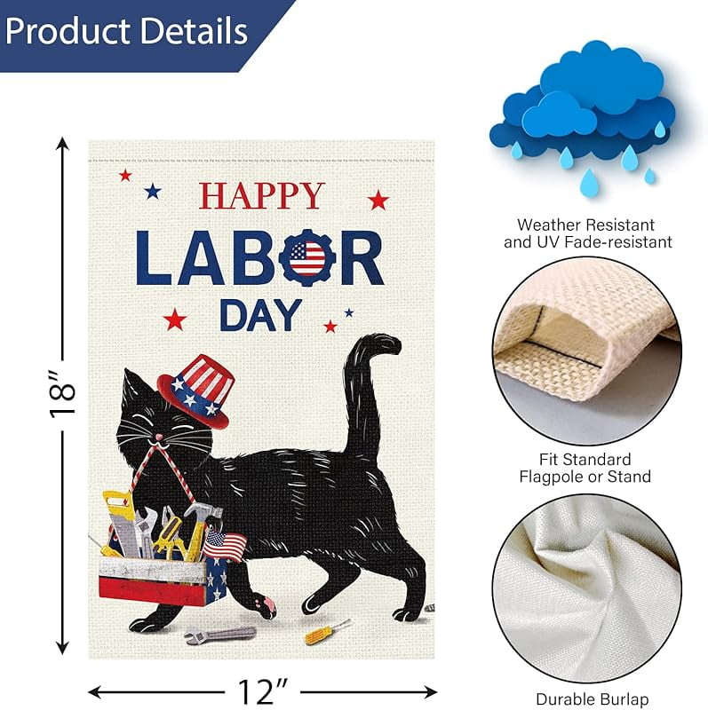 Happy Labor Day Garden Flag Double Sided Vertical, Burlap Small Black Cat Garden Yard House USA Flags Banner Outdoor Outside Labor Day Decoration (ONLY FLAG)