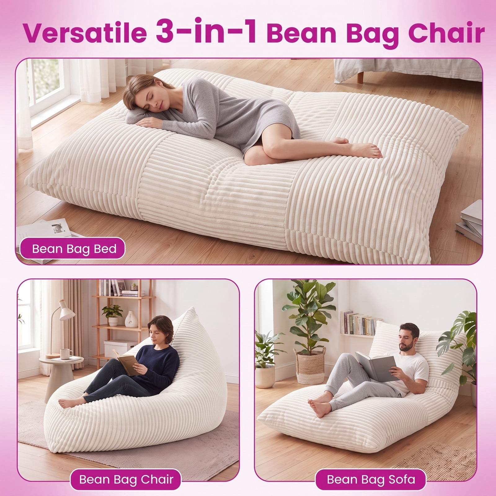 Furnibear 3-in-1 Large Bean Bag Chair, Convertible Corduroy Lounger Sofa Bed with Soft Sponge Fill and Zip-Off Washable Cover for Living Room Bedroom Dorm, Beige