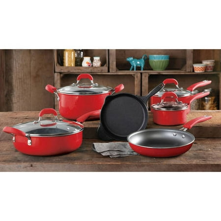 The Pioneer Woman Vintage Speckle & Cast Iron 10-Piece Non-Stick Cookware Set, Red