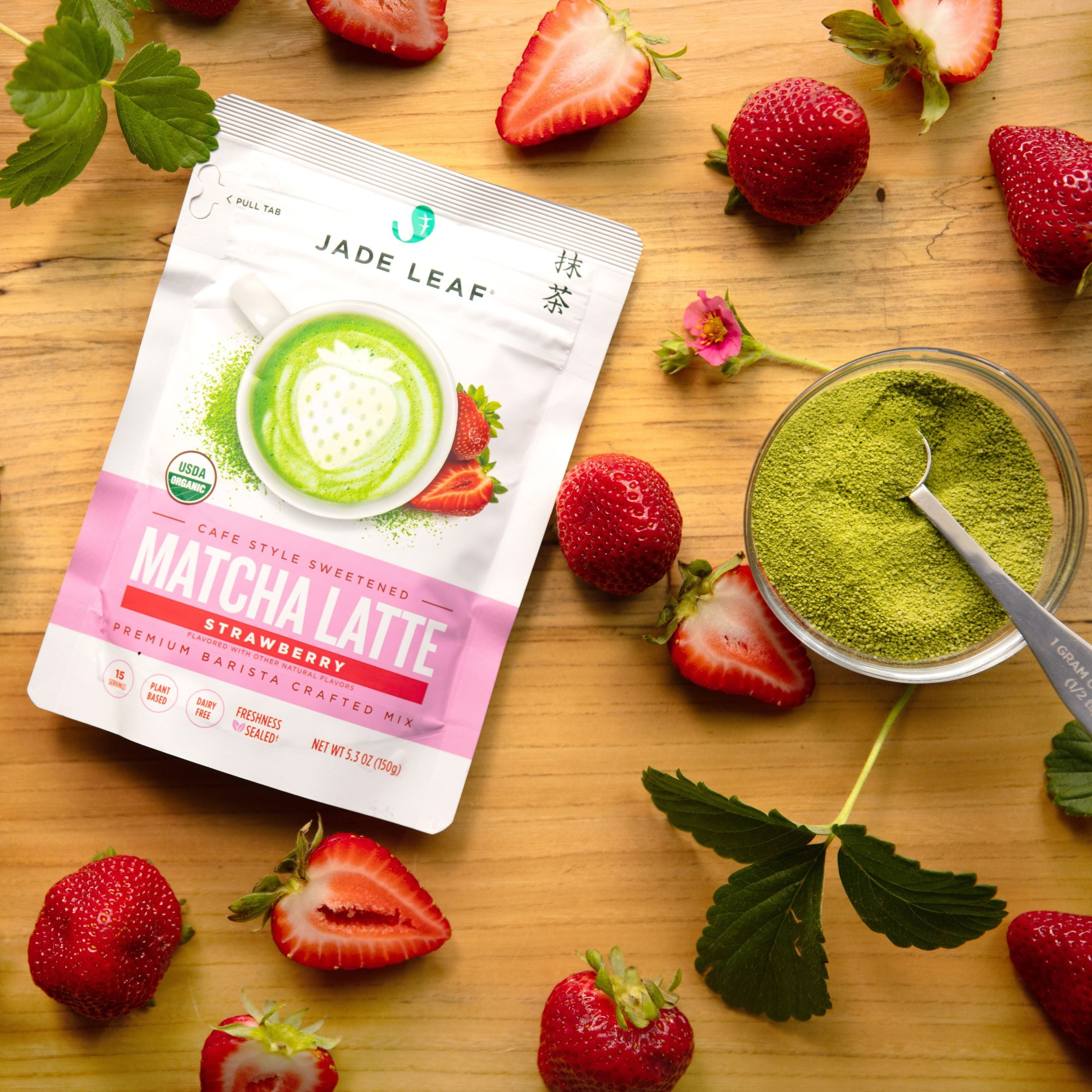 Jade Leaf Organic Matcha Latte Mix, Strawberry, Dairy-Free, 5.3 oz