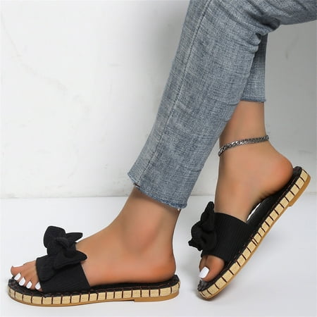 

Cathalem Ladies Fashion Solid Color Cloth Bow Decorative Open Toe Comfortable Flat Beach Slippers Womens Shoe Slippers Size 10 Black 7.5