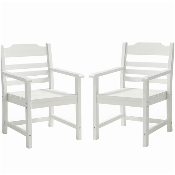 Outdoor Dining Chair Set of 2 with Arms, White HDPE Weather-Resistant Patio Chairs, Wood Grain Finish