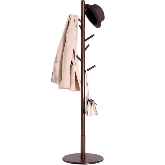 Solid Wood Coat Rack, Free Standing Hall Coat Tree with 8 Hooks, 3 Height Options, for Coats, Hats, Bags, Purses, for Entryway, Hallway, Rubberwood Hooks and Pole, Dark Walnut URCR009W01
