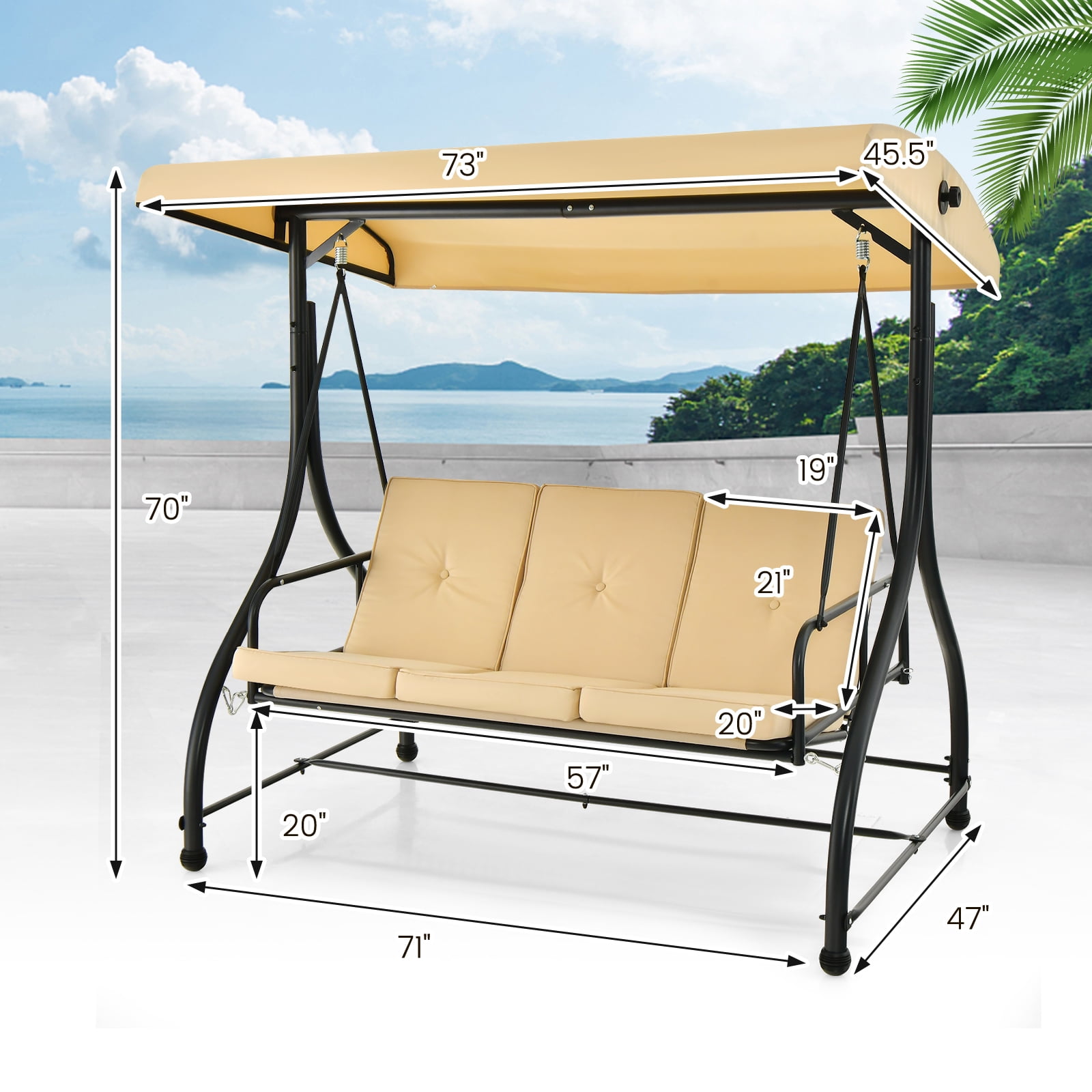 Costway Converting Outdoor Swing Canopy Hammock 3 Seats Patio Deck Furniture beige