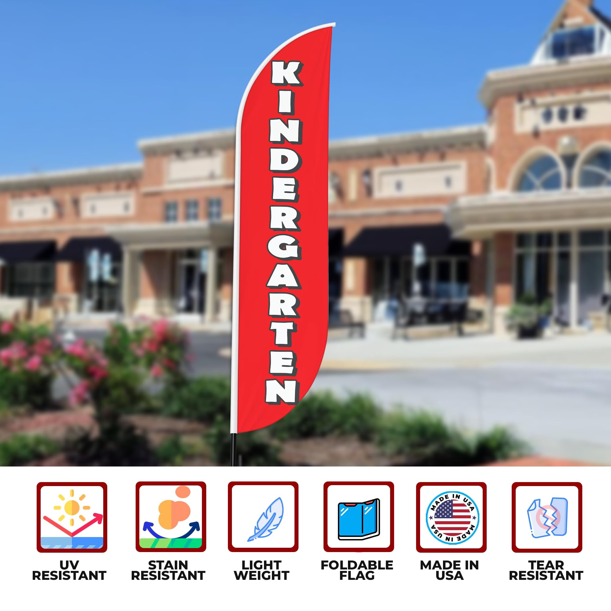 kindergarten Sign feather flag for Outdoor by Mavis Print | 11.5 FEET Long Polyester Outdoor Banner Flag for Easy Hang | HD Print Swooper I Flag Only forkindergarten Advertising I Flag Only