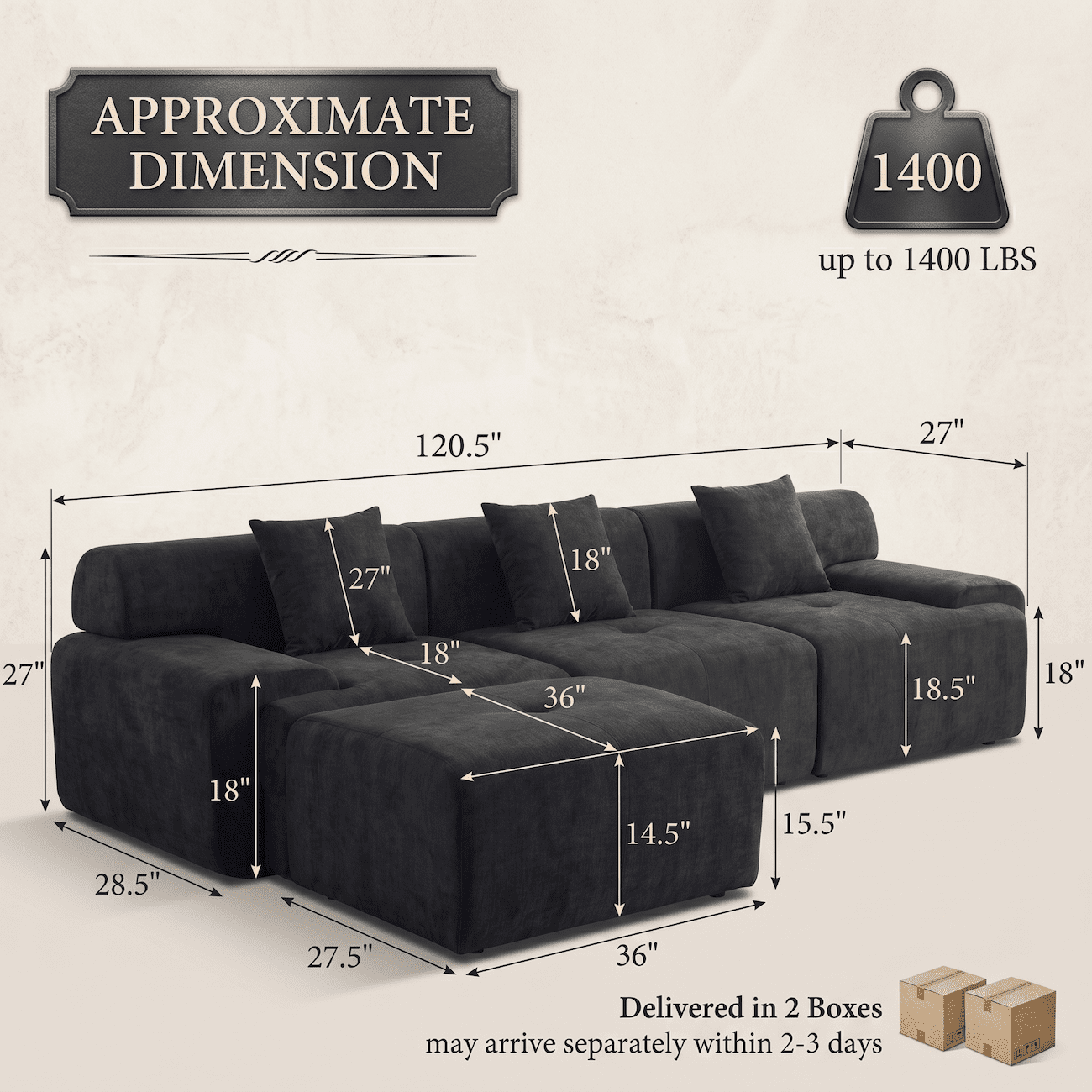 Xiweot Boneless Cloud Couch Sectional Sofa, Oversized Modular Sectional Couch for Living Room, Deep Seat Chenille Sofa with Ottoman, No Assembly Full Foam Comfy Couch for Apartment Bedroom (Black)
