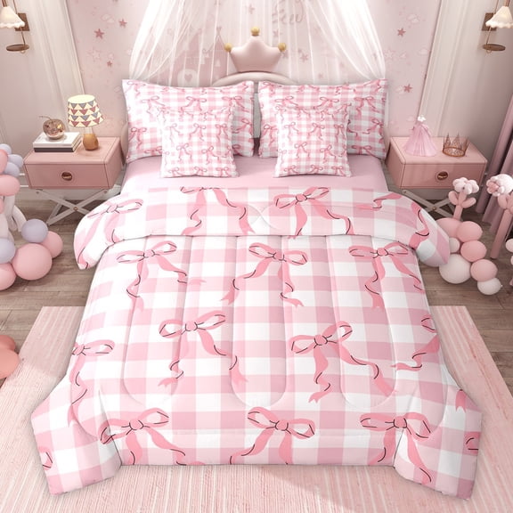 Feelyou Girly Pink Ribbon Twin Bedding Sets 7-Piece, Kawaii Princess Bowknot Bedding Comforter Set, Cartoo Fairy Tale Reversible Sheet Sets, Breathable Home Decor