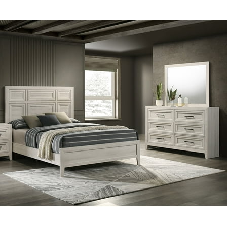 3Pc Off-White Architectural Paneling Queen Bed Dresser Mirror Set
