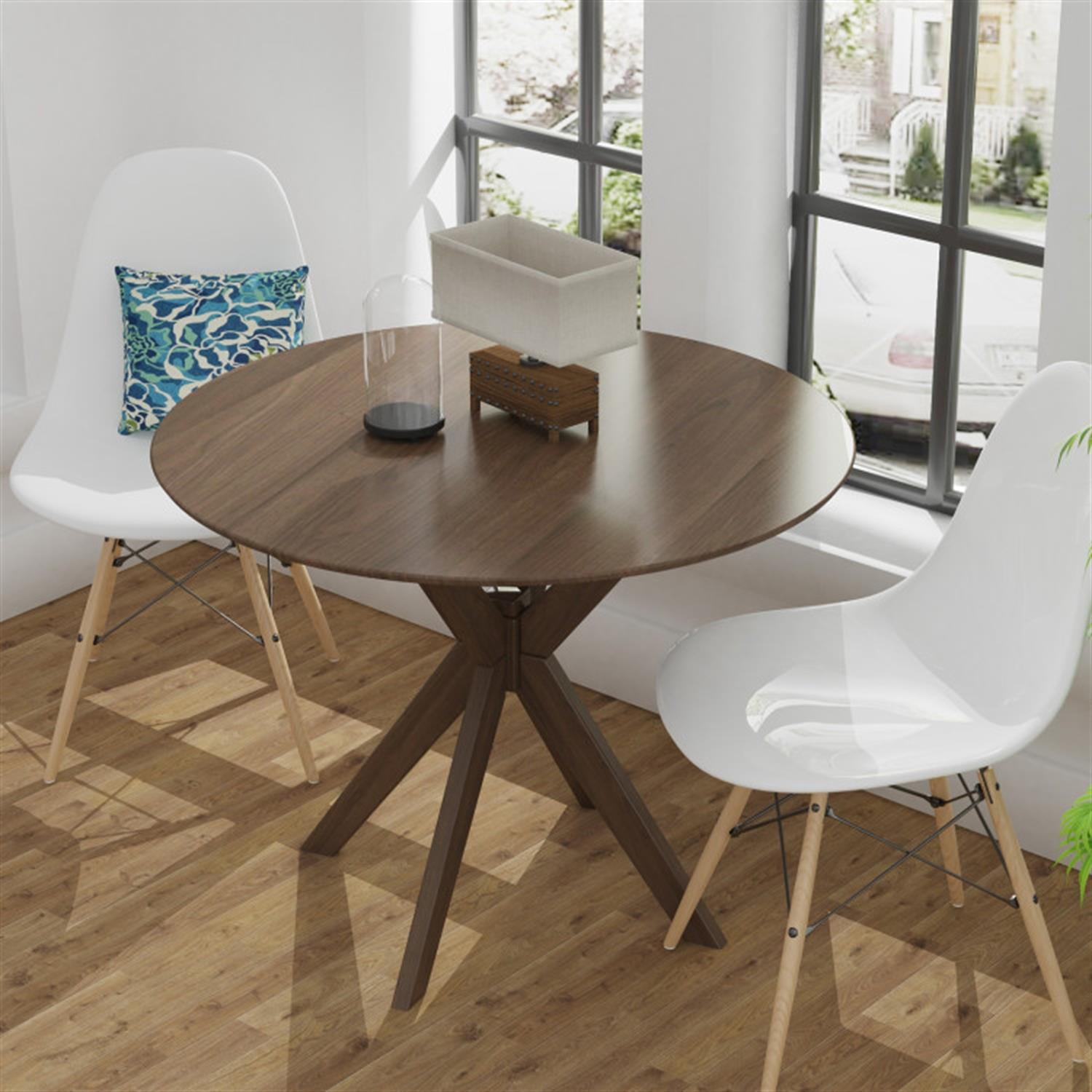 Demi Bonn 36" Round Wood Dining Table with Intersecting Pedestal Base, Modern Kitchen Table Furniture for Dining Room, Dinette, Compact Space-Saving, Brown