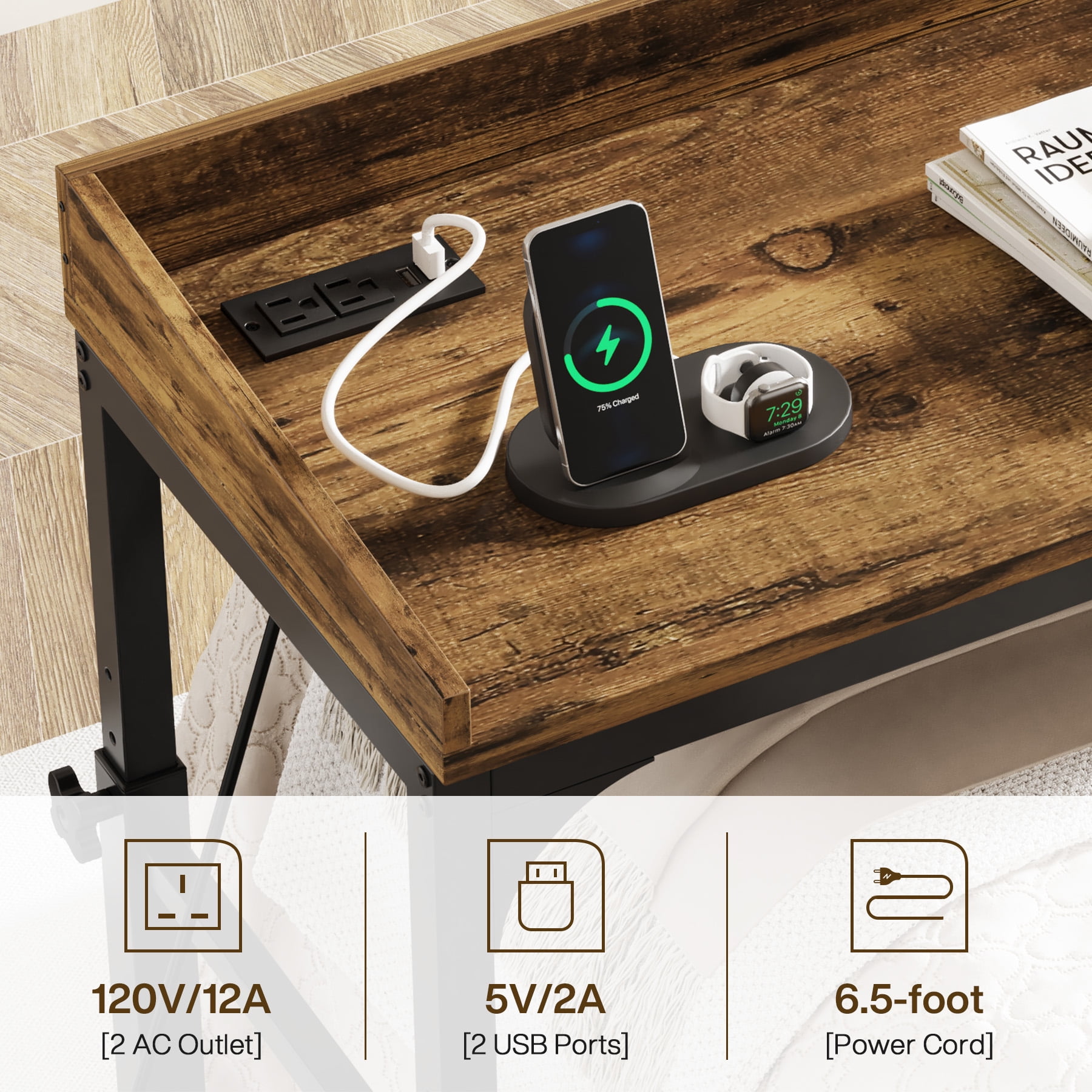 Fnova Overbed Table with Wheels, Height Adjustable Rolling Desk with Power Outlets & USB Ports, Tiltable Stand, for Queen Bed, Laptop Computer, Portable Hospital Home Use