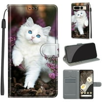 Feishell Wallet Case for Google Pixel 7 Pro 6.7 inch,Shockproof Stylish Pattern PU Leather Magnetic Clasp Folio Flip Holder Card Slots Slim Phone Cover with Wrist Strap,White Cat