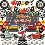 Race Car Birthday Party Decorations - 46Pcs Racing Car Happy Birthday Bunting Banner Checkered Cake Topper Motorcycle Foil Balloons for Kid Boy Let's Go Racing Themed Party Supplies