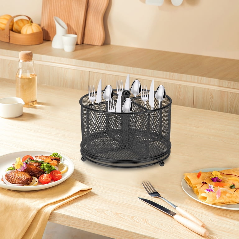 360° Rotating Utensil Caddy Holder - 5 Compartment Metal Organizer For Spoons, Forks & Knives