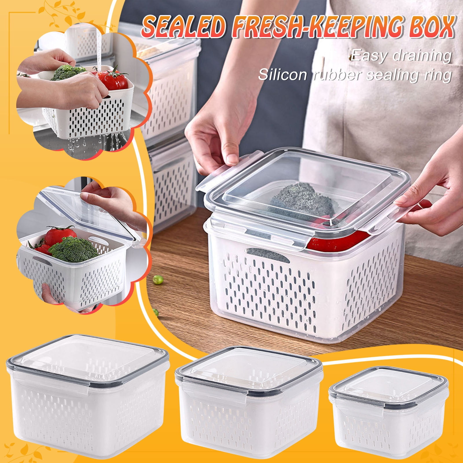 Bwiyojiz Home, Garden & Tools Kitchen Dining Entertaining Count 3pcs Fruit Vegetable Storage Containers for Fridge Draining Fresh 3 in 1 Produce Large Organizer Bins, Gifts for Sister, White