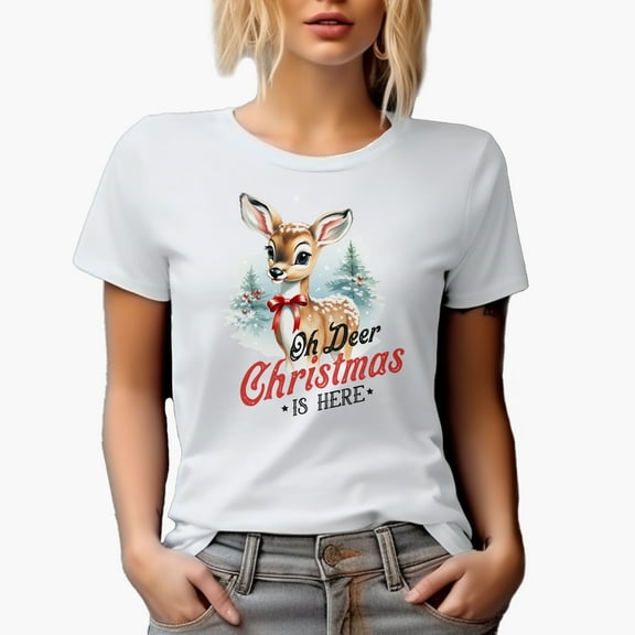 Oh, Deer, Christmas Is Here Pun with a Deer Painting Art Merch Gift, White T-Shirt, Small