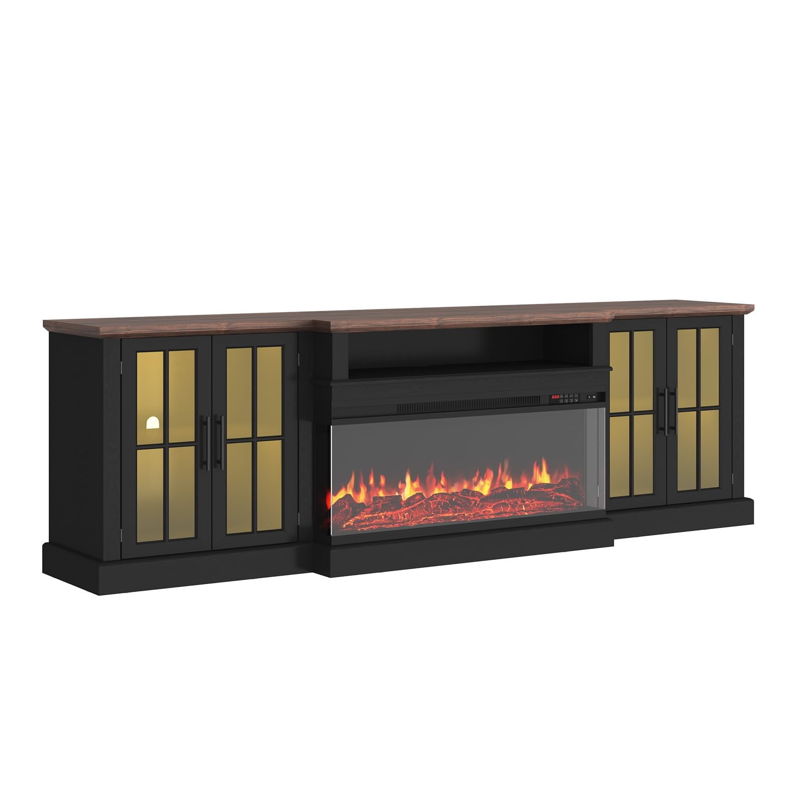 Sunmthink Farmhouse TV Stand with 36" Fireplace for TVs up to 90", 87" Media Entertainment Center with Adjustable Shelves and Large Storage Cabinets, for Living Room, Black