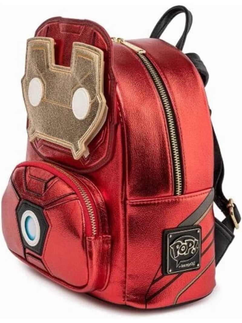 iron man 15th anniversary cosplay mini backpack Loungefly  Magical Land of Collectibles Lift up mask to reveal Tony Star Light Up Arc Reactor Metallic Vegan Leather Coordinating pattern on the inside lining Bag Dimensions Loungefly- the infinity saga -