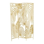 DecMode 48" x 71" Gold Metal Hinged Foldable Partition 3 Panel Room Divider Screen with Palm Leaf Patterns, 1-Piece