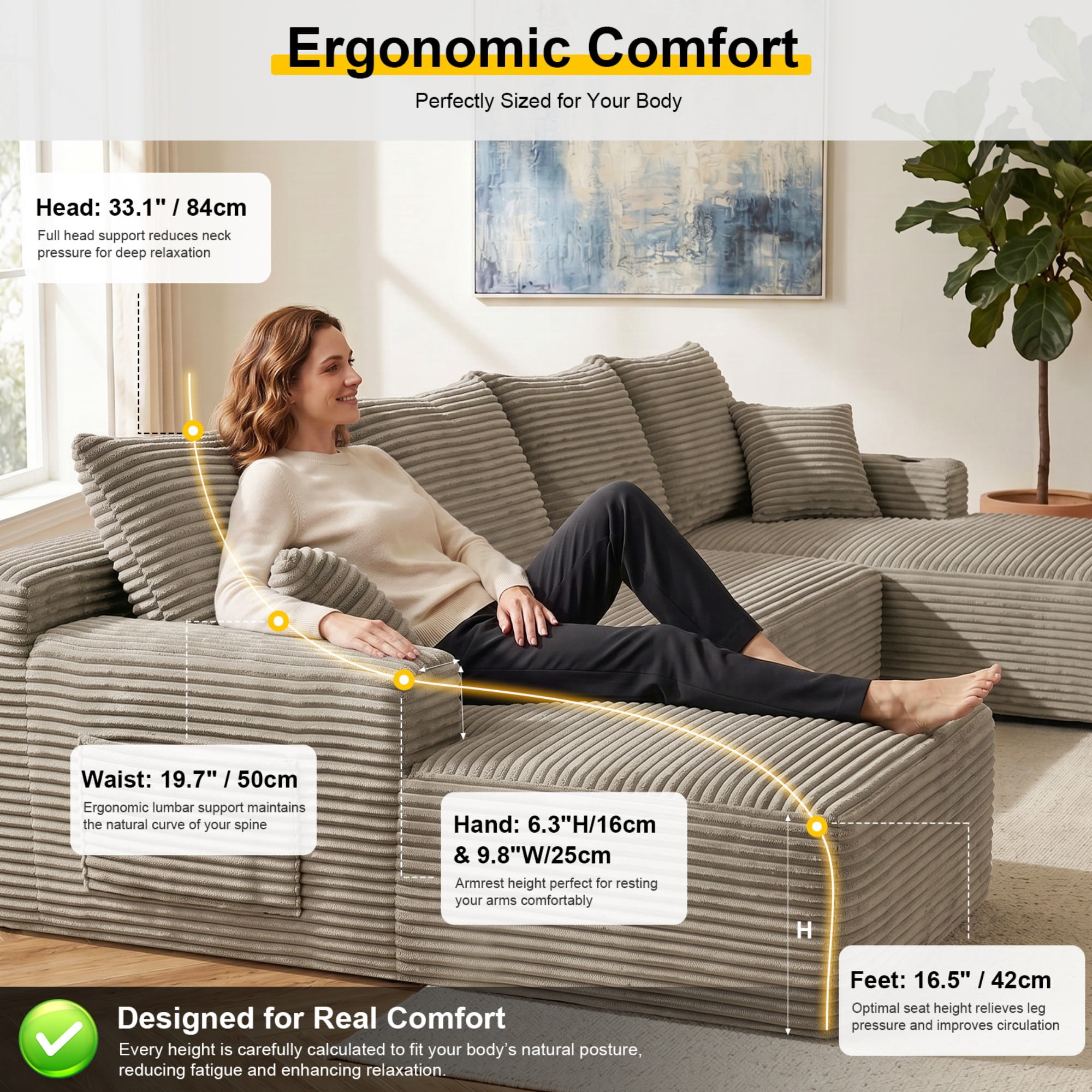 DEALTOPS 134" Corduroy U-Shape Modular Cloud Couch, Double Chaise Sectional Sofa with Cup Holders, Beige