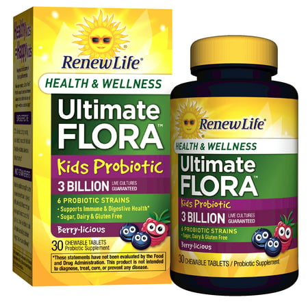 Renew Life Kids Probiotic, Ultimate Flora Health & Wellness, 3 Billion, 30 Chewable