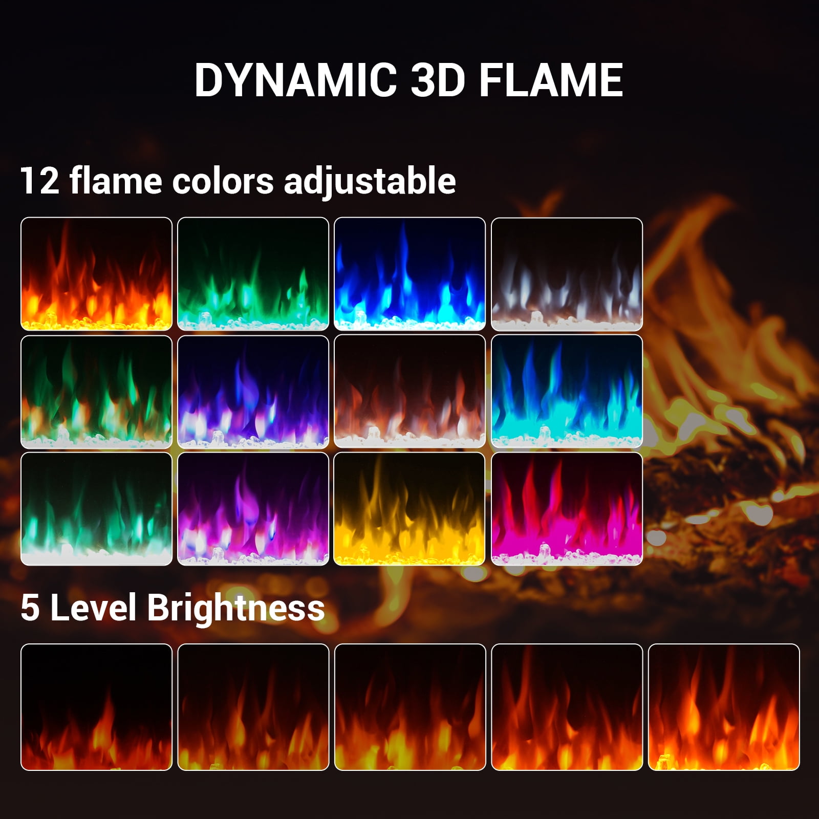 Joreek 60" Electric Fireplace, 750W/1500W, 12 Adjustable Flame Colors, 12-Hour Timer, Low-Noise Design, Supports Wall-Mounted/Freestanding/Built-In Installation