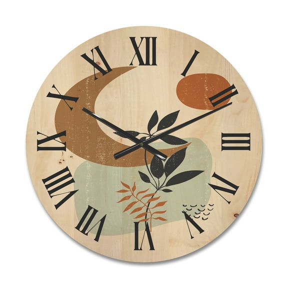 Designart 'Abstract Moon and Sun With Minimal Plants' Modern Wood Wall Clock