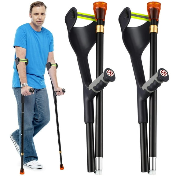 2-Pack Adjustable Forearm Crutches for Adults - Lightweight Foldable Aluminum Crutches with Non-Slip Grips, 10-Level Height & Cuffs, Supports 240 lbs (Pair, Black)