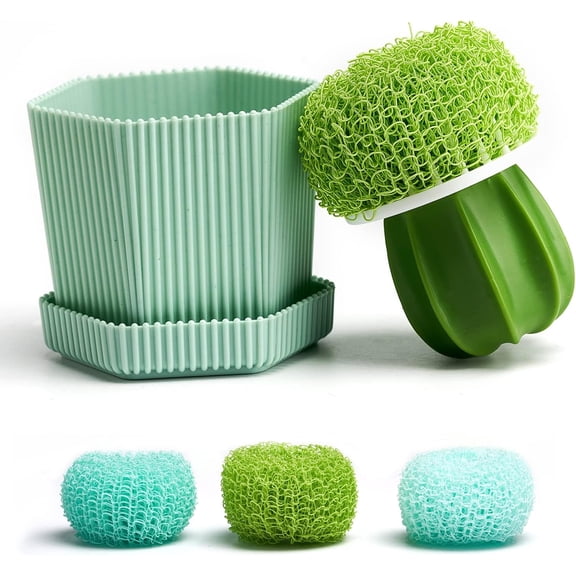 Cactus Mini Dish Brush Set with Drip Tray (3 Replacement Brushes), Durable Kitchen Cleaning Scrubbers for Plates, Pans, Pots, Sink