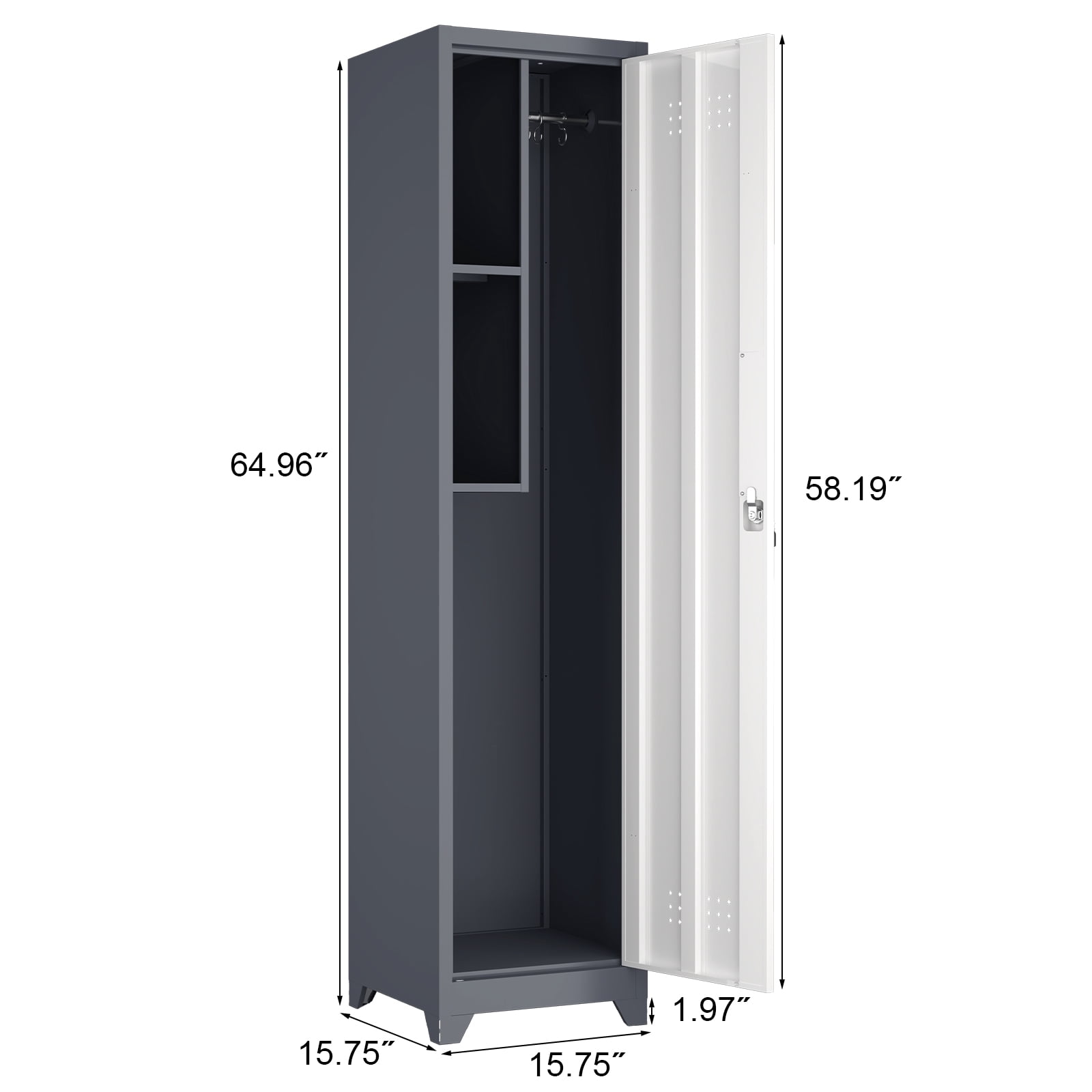 Metal Broom Storage Cabinet, Narrow Cabinet with Hooks, 65" Slim Bathroom Storage Cabinet with Shelves, Heavy-Duty Cleaning Storage Cabinet for Utility Room, Gym, Office, Garage