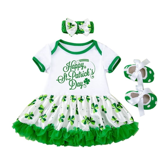 GYRATEDREAM Newborn Baby Girl My 1st St. Patrick's Day Outfit Infant Short Sleeve Letter Print Tutu Romper Dress Headband Shoe 3Pcs Set for 0-24M