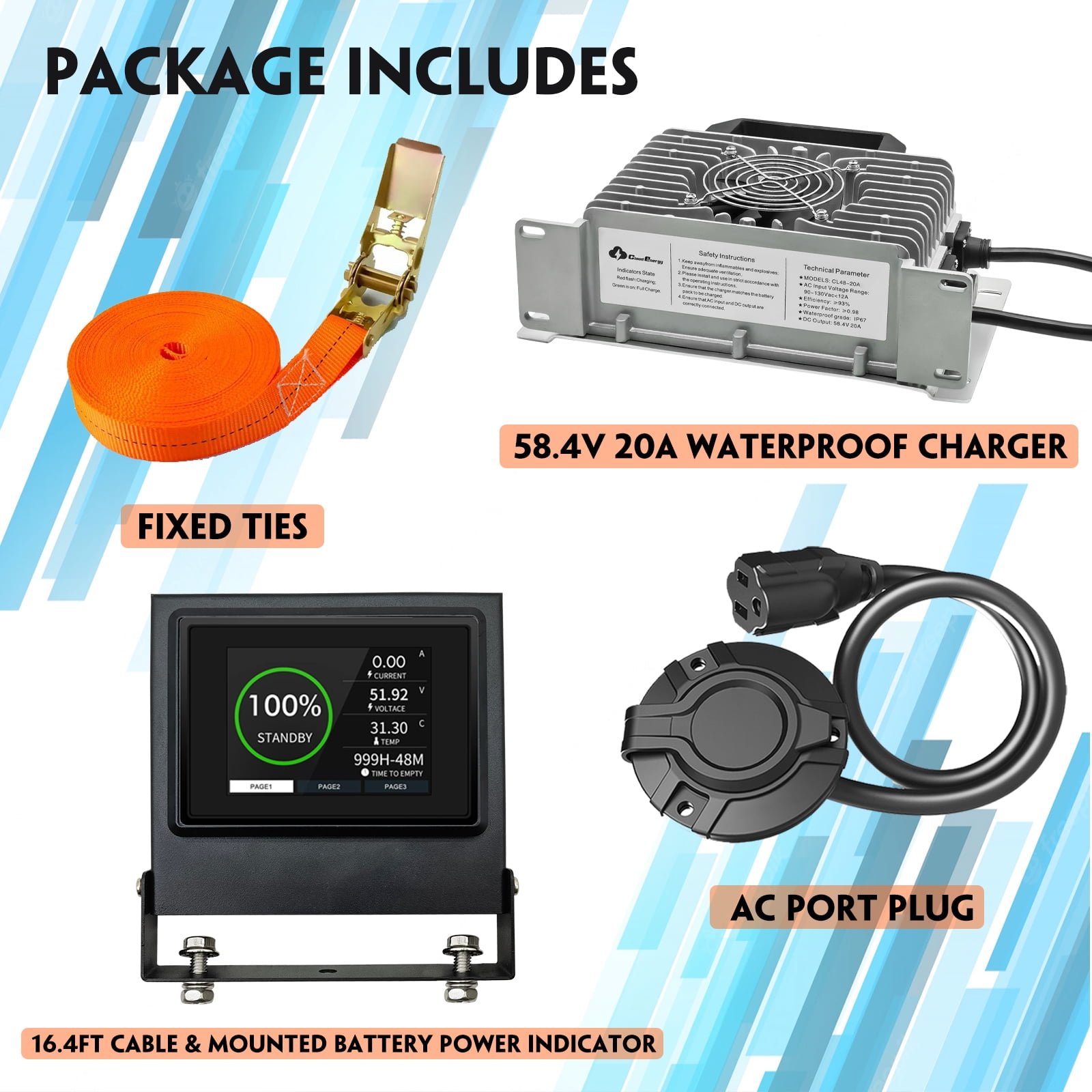 48V(51.2V) 105AH LiFePO4 Lithium Golf Cart Battery Built-in 250A BMS,3C Discharge,with 20A Charger,Mobile APP,Touch Monitor,6000+ Cycles,Perfect for Golf Carts (GFA48V-105AH with Charger)