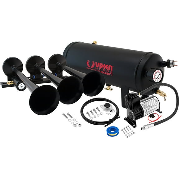 Vixen Horns Train Horn Kit for Trucks/Car/Semi. Complete Onboard System- 150psi Air Compressor, 1.5 Gallon Tank, 3 Trumpets. Super Loud dB. Fits Vehicles like Pickup/Jeep/RV/SUV 12v VXO8715B/3118B