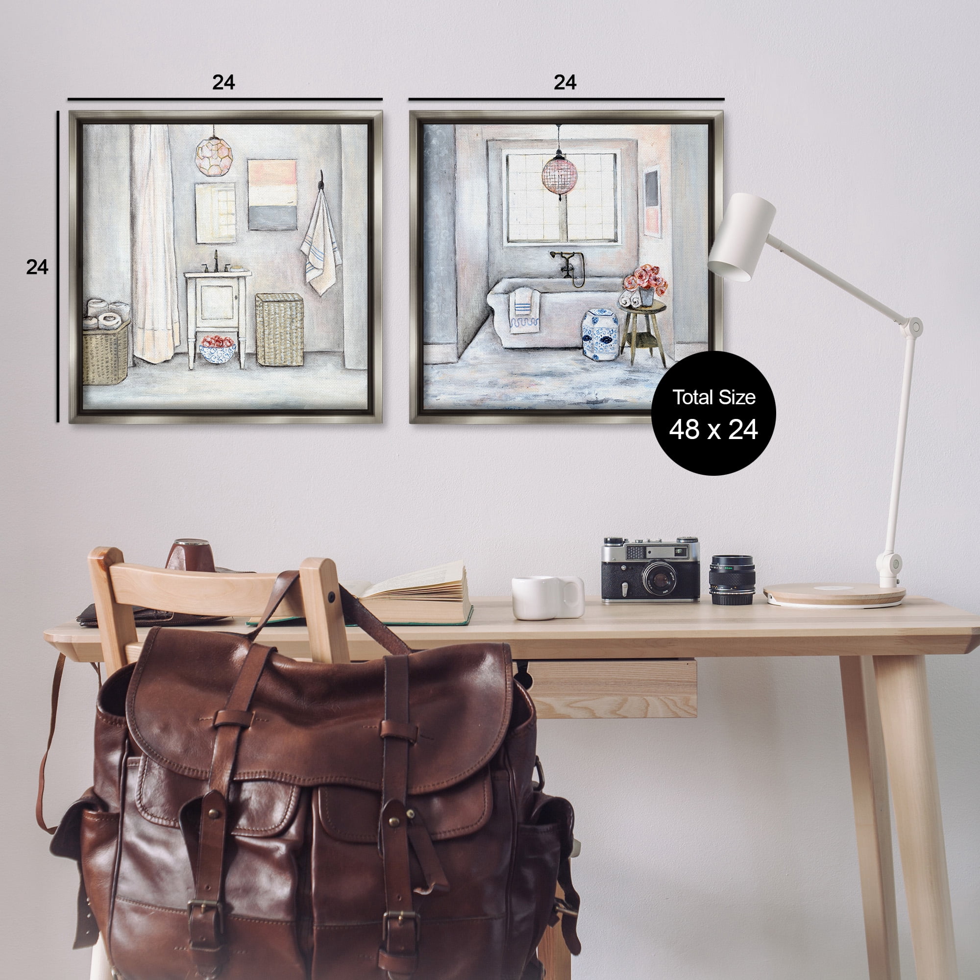 Stupell Industries Bathroom Interior Soft Cottage Design Abstract Drawing Gray Floater Framed Canvas Art Print Wall Art, 25 x 25, Set of 2