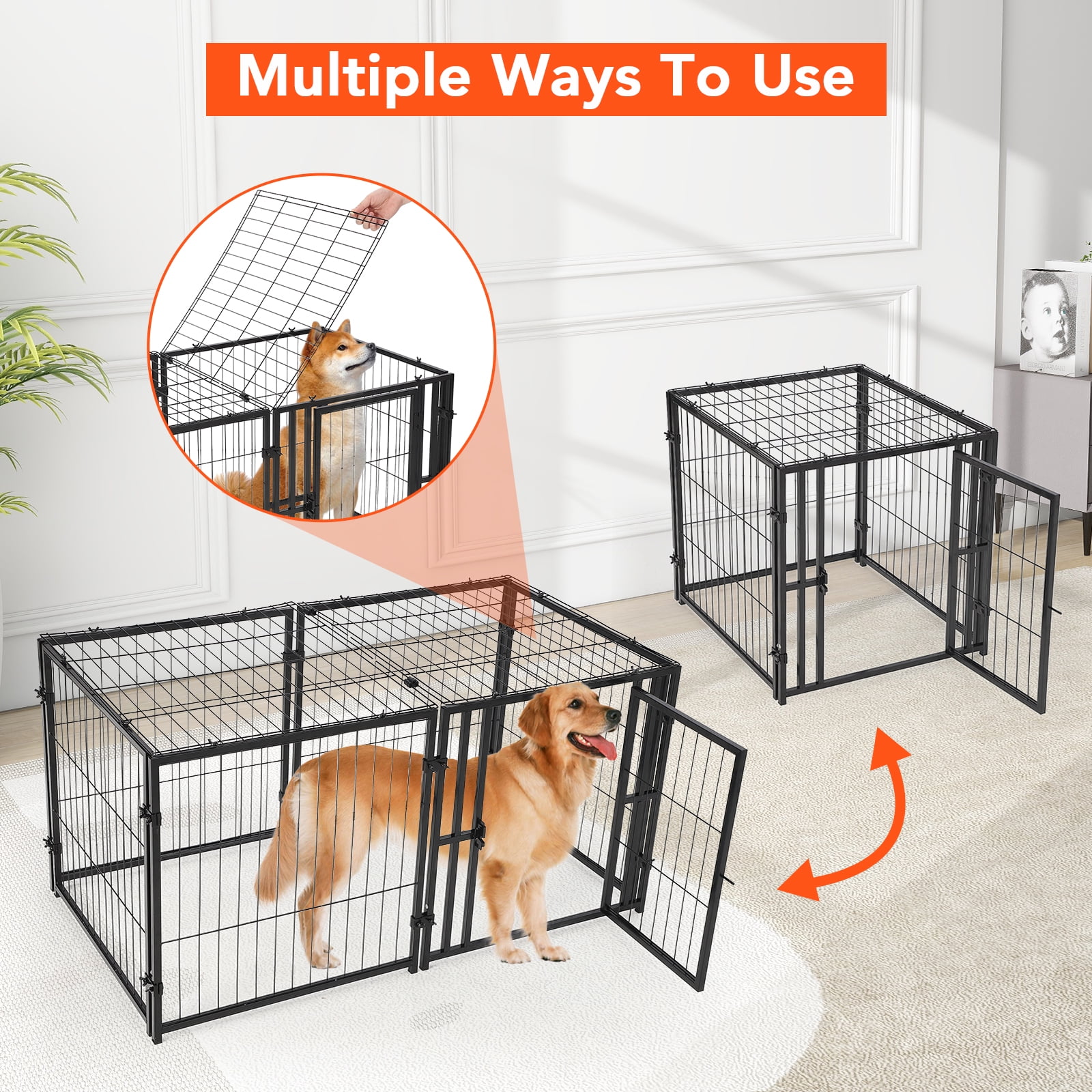 48" Heavy Duty Dog Crate - Escape-Proof Steel Cage with Double Doors & Wheels